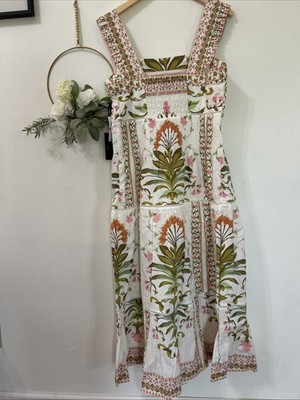 $159 CeCe Pintuck Sleeveless Spring Midi Dress Lined Cotton Ivory Floral 12 NWT