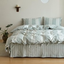 BISELINA Striped Duvet Cover Set 2pcs 100 Washed Cotton Twin, Grayish Green