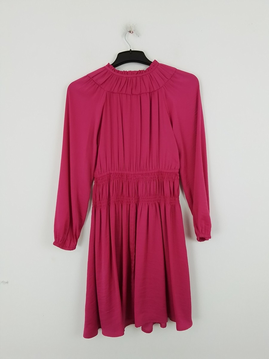 M&S Per Una Dress Cerise Pink Tie Neck Shirred Waist Long Sleeve NWOT F2