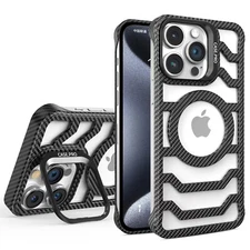 For iPhone 16 Pro Max 15 14 Heat Dissipation Carbon Fiber Mag Safe Stand Case