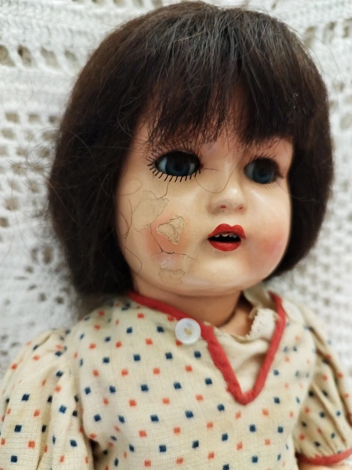 Bambola Antica In Legno Dipinto Fine 800 Capelli - Immagine 3 di 4