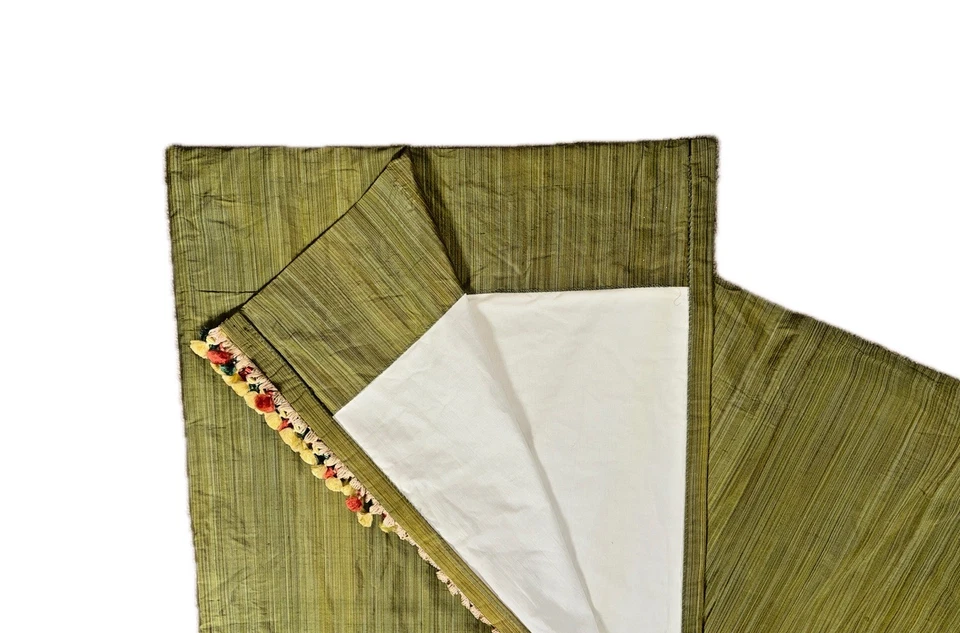 Impresionante panel de cortina de seda verde doble forrado 106 pompones largos borde borde Foto 4 de 4