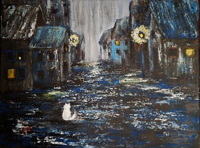 Ein regnerischer Abend  Gemälde 30x40 Cm Acryl Straße Dorf Kunst Original Unikat