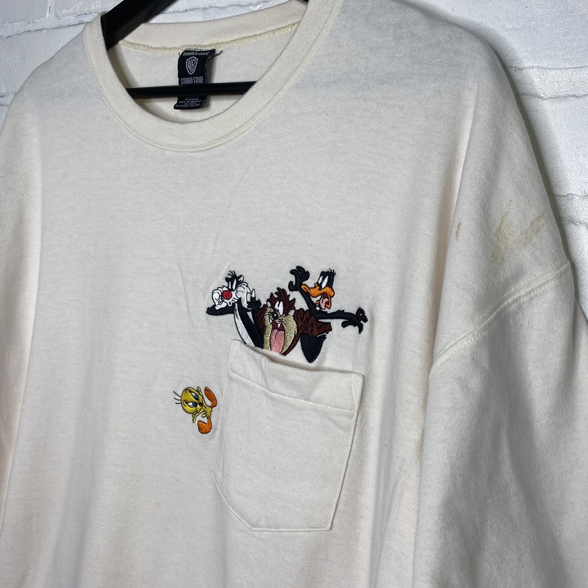 Vintage 90s Warner Bros Embroidered Pocket Tee Off White XL VTG