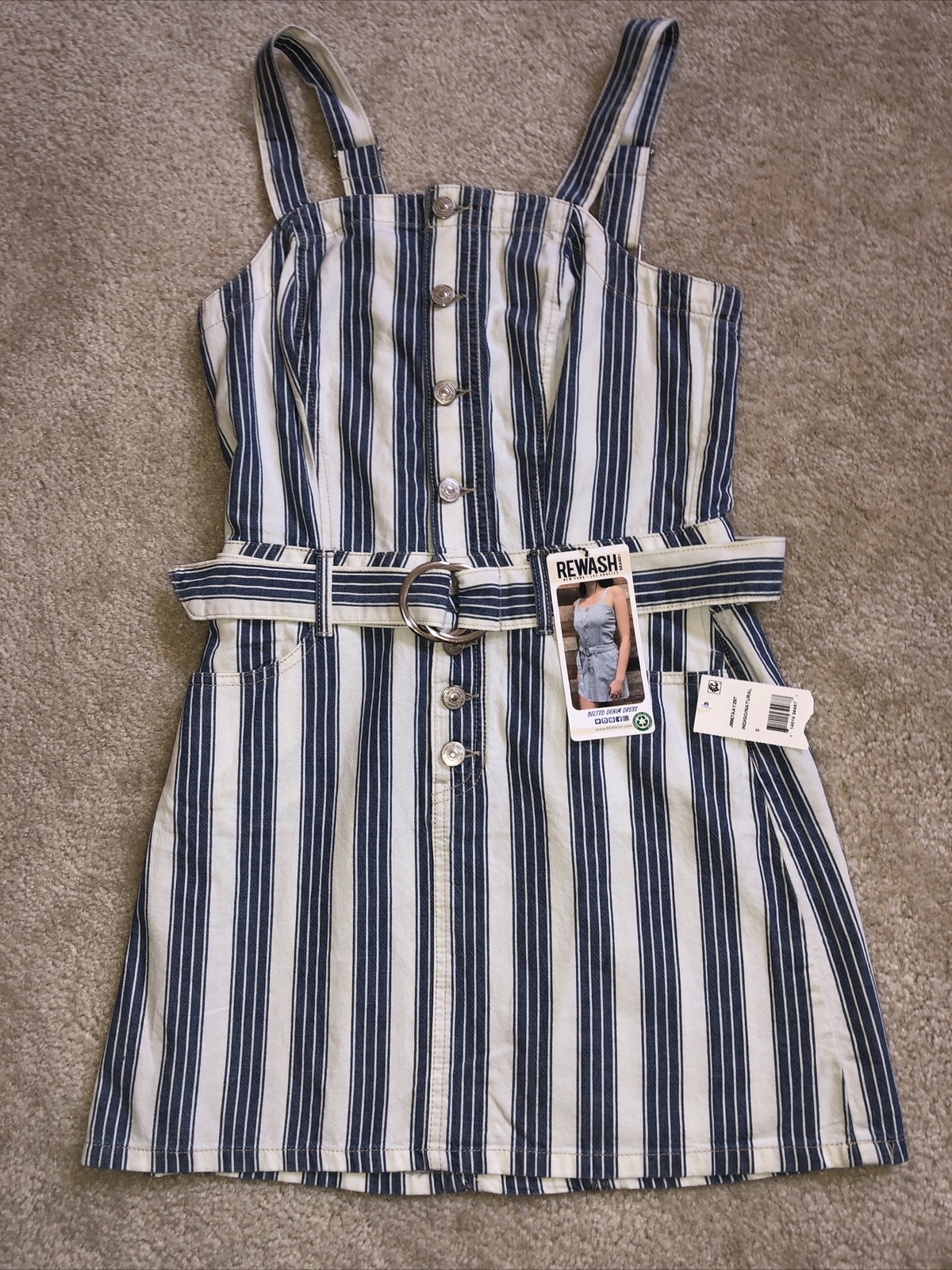 REWASH Denim Dress Jumper Overall Style Button Down Striped Belted Size S NWT