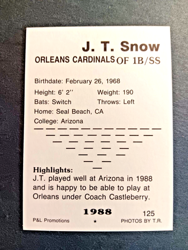 1988 P&L Promotions Cape Cod League NCAA J.T. Snow #125 - Picture 2 of 2