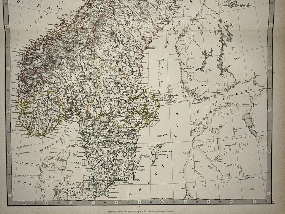 Mapa antiguo original coloreado a mano de Suecia y Noruega de 1889 de Johnston Foto 3 de 3