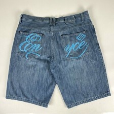 Enyce Men's Size 42 Denim Embroidered Back Spell Out Shorts Rapper OG Hip Hop