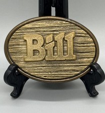 Oden BILL Wood Grain Design Brass Oval Name Belt Buckle 70’s Made in USA Vtg