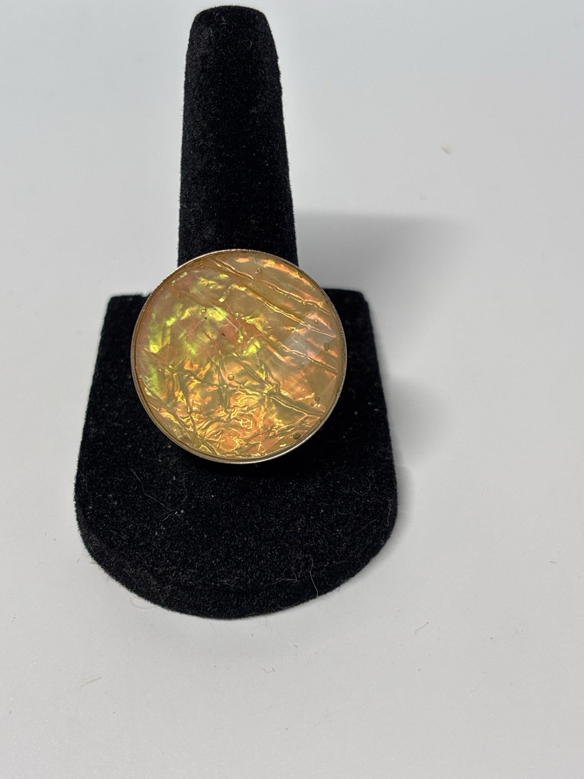 Statement Silver Tone Ring w/ Iridescent Foil Gla… - image 1