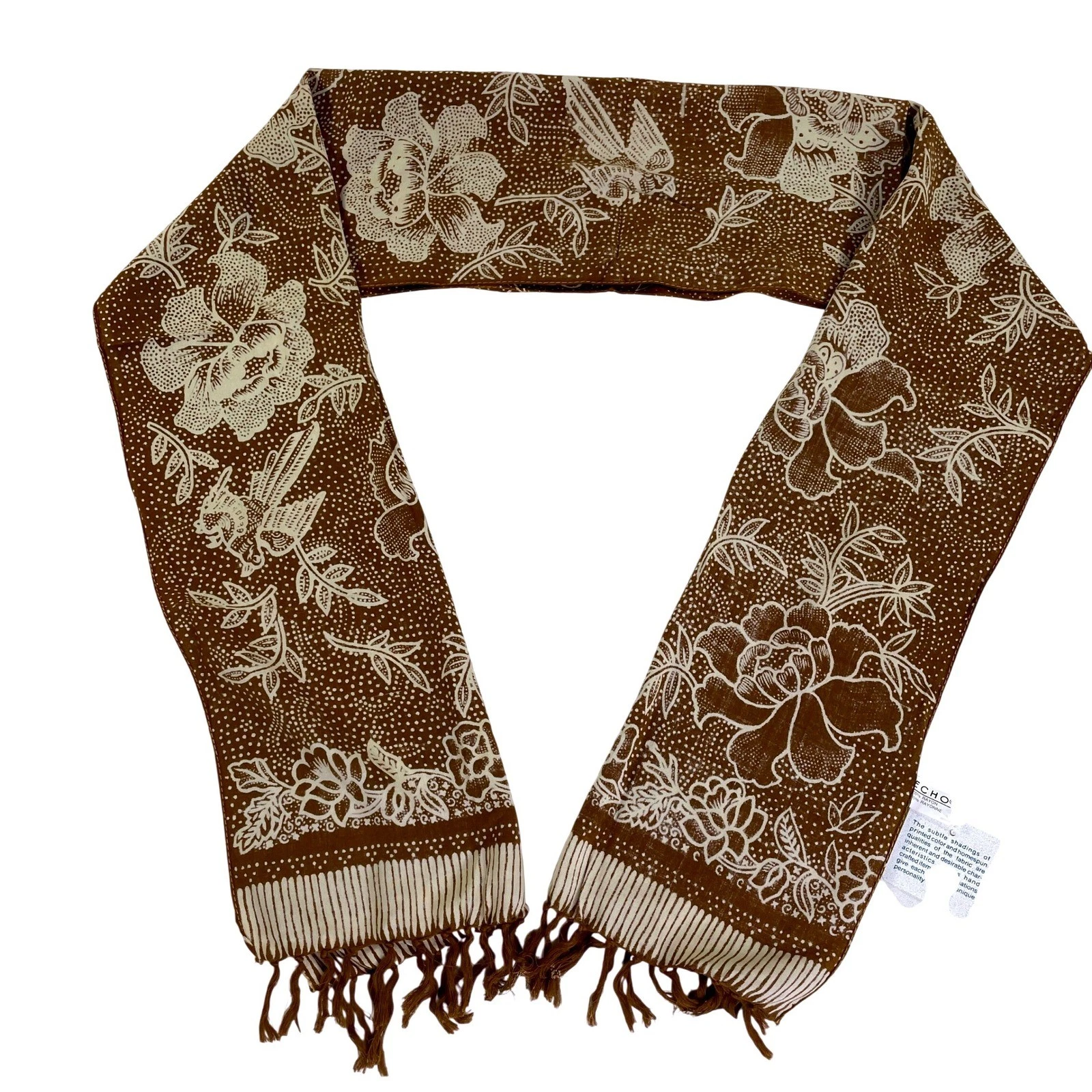 Echo New York Scarf Brown Floral Bird Batik Print Rayon Fringe 367701 902 NEW