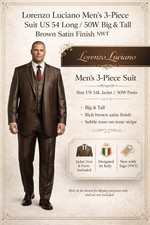 Lorenzo Luciano Men’s 3-Piece Suit Size US 54/50 Big Tall Brown Satin Finish NWT