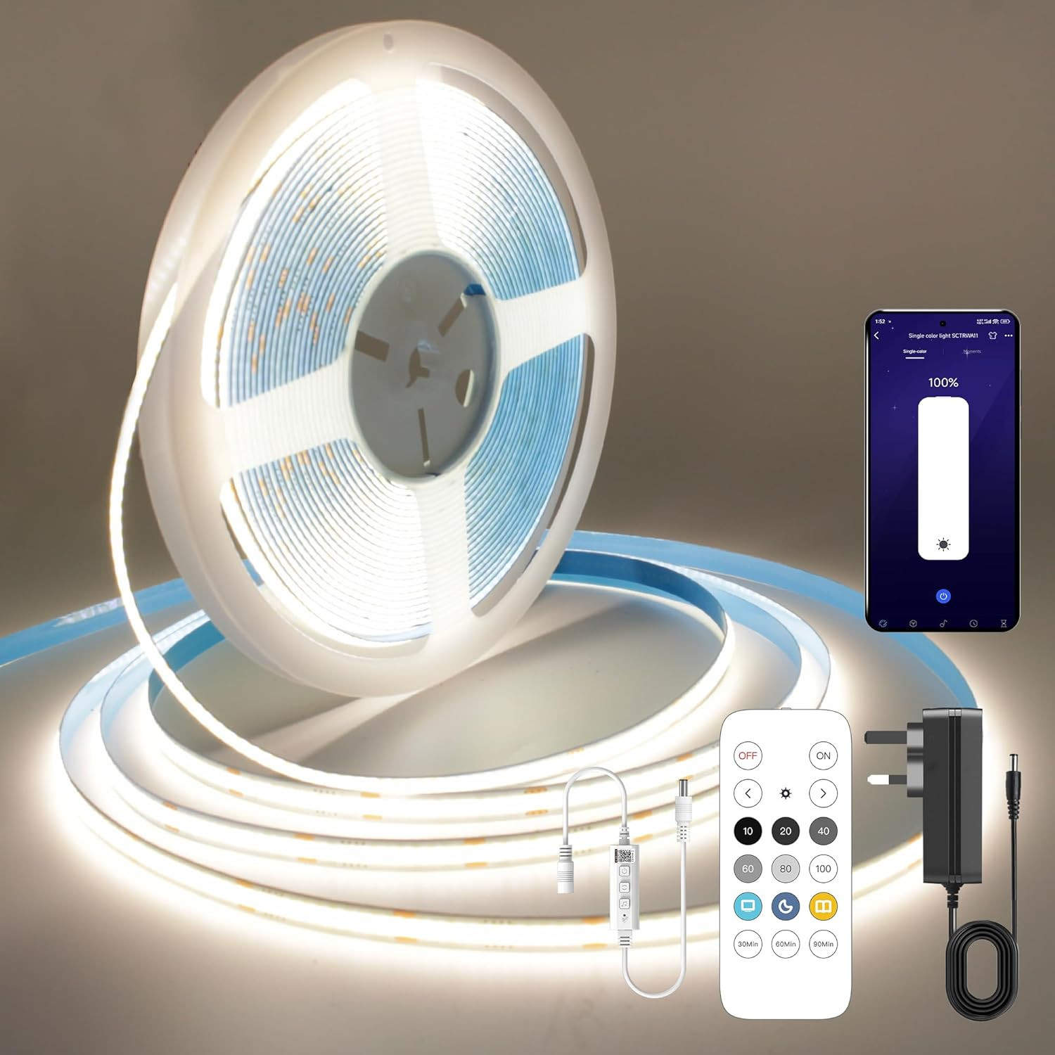 Striscia LED COB 10Metri,Striscia Led Cob Bianco Neutro 4000K,24V Smart App E Te