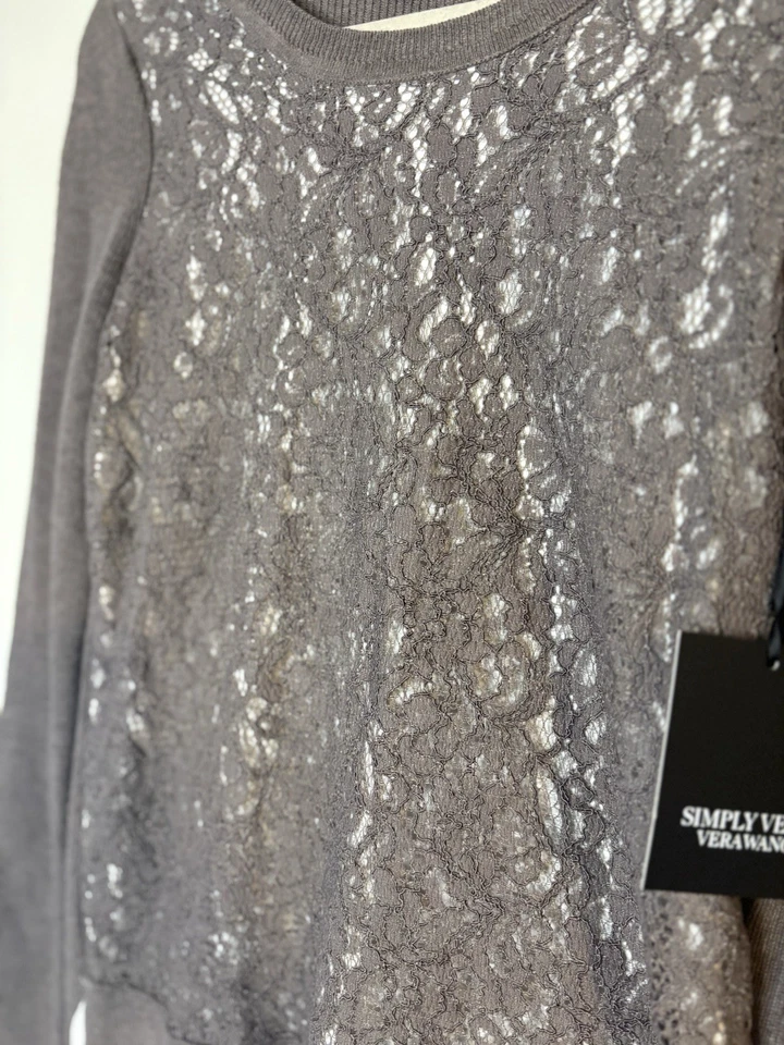 Suéter de mujer SimplyVera Vera Wang gris de encaje en capas manga larga, talla M Foto 3 de 4