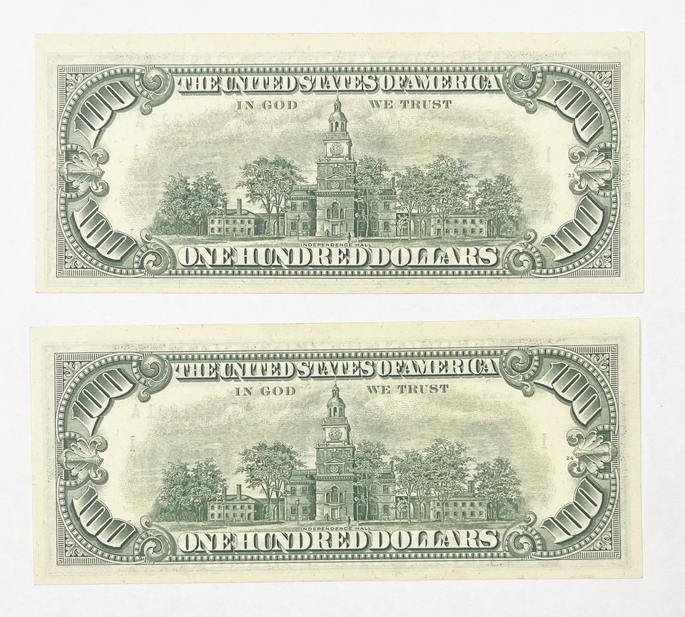 Pair Uncirculated 1974 US $100 Dollar Bills w/ Consecutive Serial Numbers 91/92 - Image 2 of 2