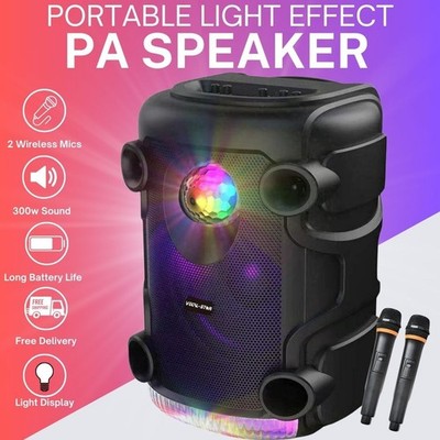Tragbares PA-Lautsprechersystem + Disco-Lichter 12'' Bluetooth, 300 W, 2 kabellose Mikrofone