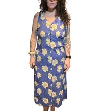 Center Aisle Floral Print Midi Dress Blue Yellow Sleeveless V Neck Rayon Size M