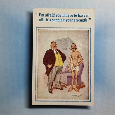 Donald McGill Comic Postkarte um 1950 Arzt Brille dünner Mann Schnurrbart