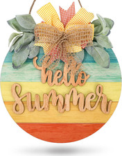 Hello Summer Wooden Hanging Sign Summer Welcome Sign Front Door with Bow Rustic