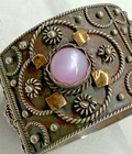STUNNING Vintage 925 Silver Gold Cat's Eye Bracelet Cuff Antique - Fast Shipping