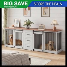 Double Dog Kennel TV Stand Farmhouse Style, Large Dog Crate Furniture, Equipped