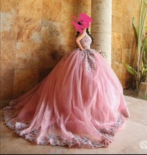 Pink 3D Floral Quinceanera Dress Elegant Ball With small shiny stones
