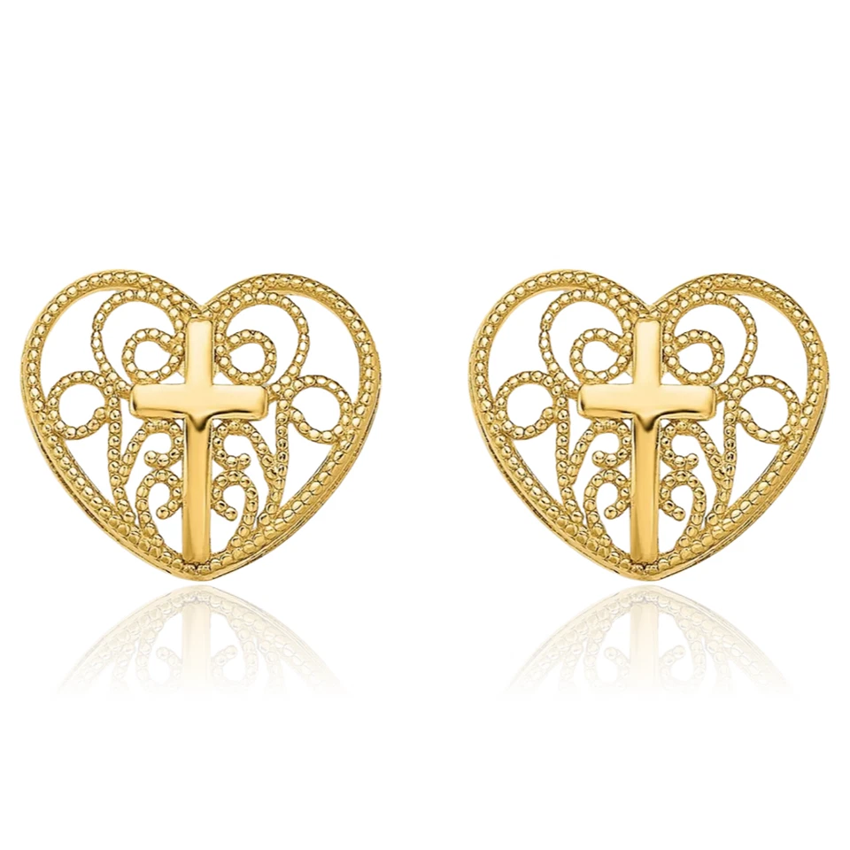 Aretes colgantes con cruz de corazón de oro amarillo macizo de 14K Foto 2 de 4