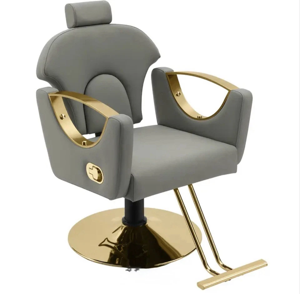 Silla de salón de lujo silla de estilo silla de peluquero reclinable hidráulica gris dorado Foto 3 de 3