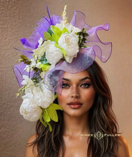 Royal Ascot Fascinator Kentucky Derby Hat Purple Ruffles Off White Peony Green