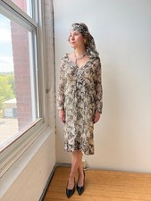1920-30's Black and off White floral sheer silk chiffon dress long sleeve drop