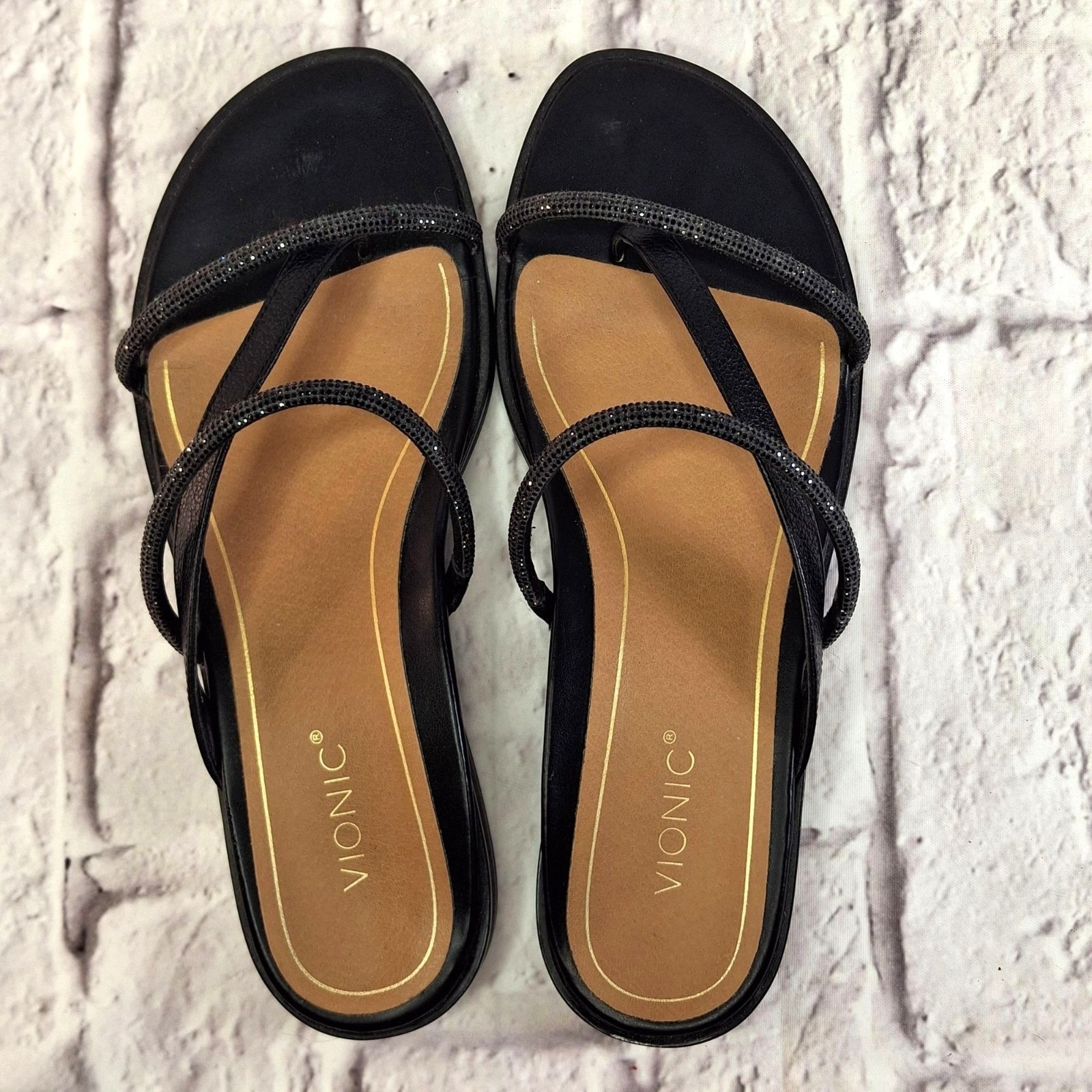 Vionic Women Sandals Sz 8 Black Leather Prism Strappy Comfort Gem Covered