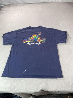 Y2K Peace Frogs Shirt Mens XL Blue Rainbow Frog Graphic Tee Top Vintage Hippie