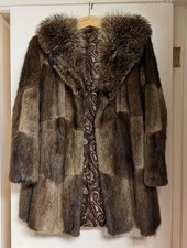 Vintage Muskrat Fur Coat Raccoon Collar No Belt Open Front WM MD 1970s EUC