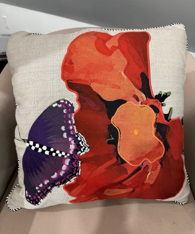 Mackenzie Childs Square Outdoor Pillow Beige with Red Poppy Purple Butterfly