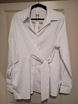 COMMENSE White Collared Tie Accent Button-Up Blouse, Long Sleeve XL
