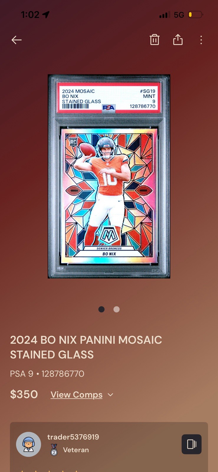 Bo Nix Mosaic Stained Glass Case Hit Rookie Card 2024 Panini Mosaic SSP PSA 9