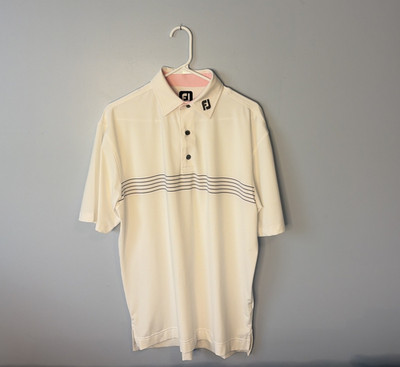 Footjoy Golf Shirt Men s Medium White Striped FJ Collar Logo Gray