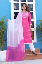 Pakistani Style Women's Rayon Floral Printed Straight Kurta Pant with Dupatta