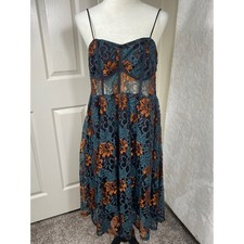 Lace Midi Dress Floral Print Sleeveless Party Cocktail Dress Size L Fairy Goth