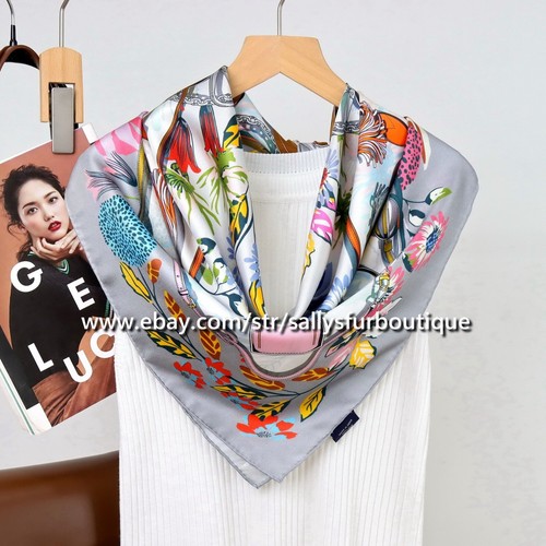 Sallys Boutique 14 Momme Twill Silk Wrap Scarf Flowers Print Square Shawl 35" - Picture 3 of 17