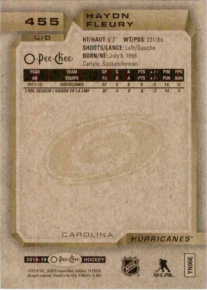 2018-19 O-Pee-Chee Haydn Fleury #455 - Image 2 of 2