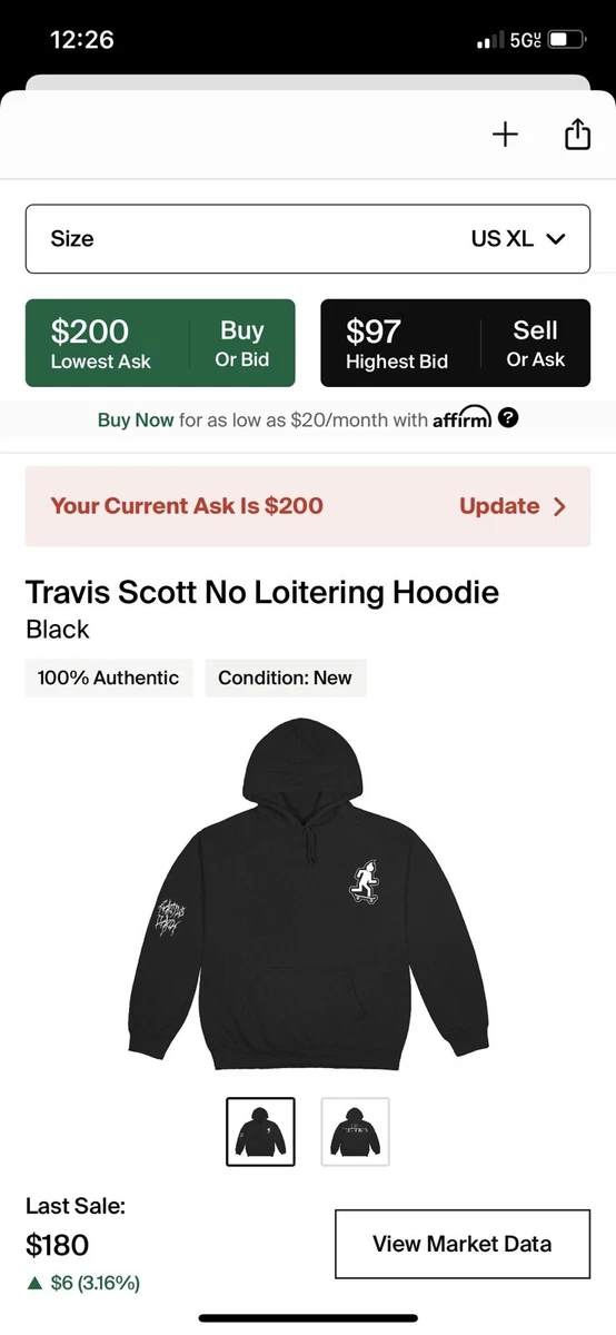 TRAVIS SCOTT NO LOITERING HOODIE BLACK SIZE XL