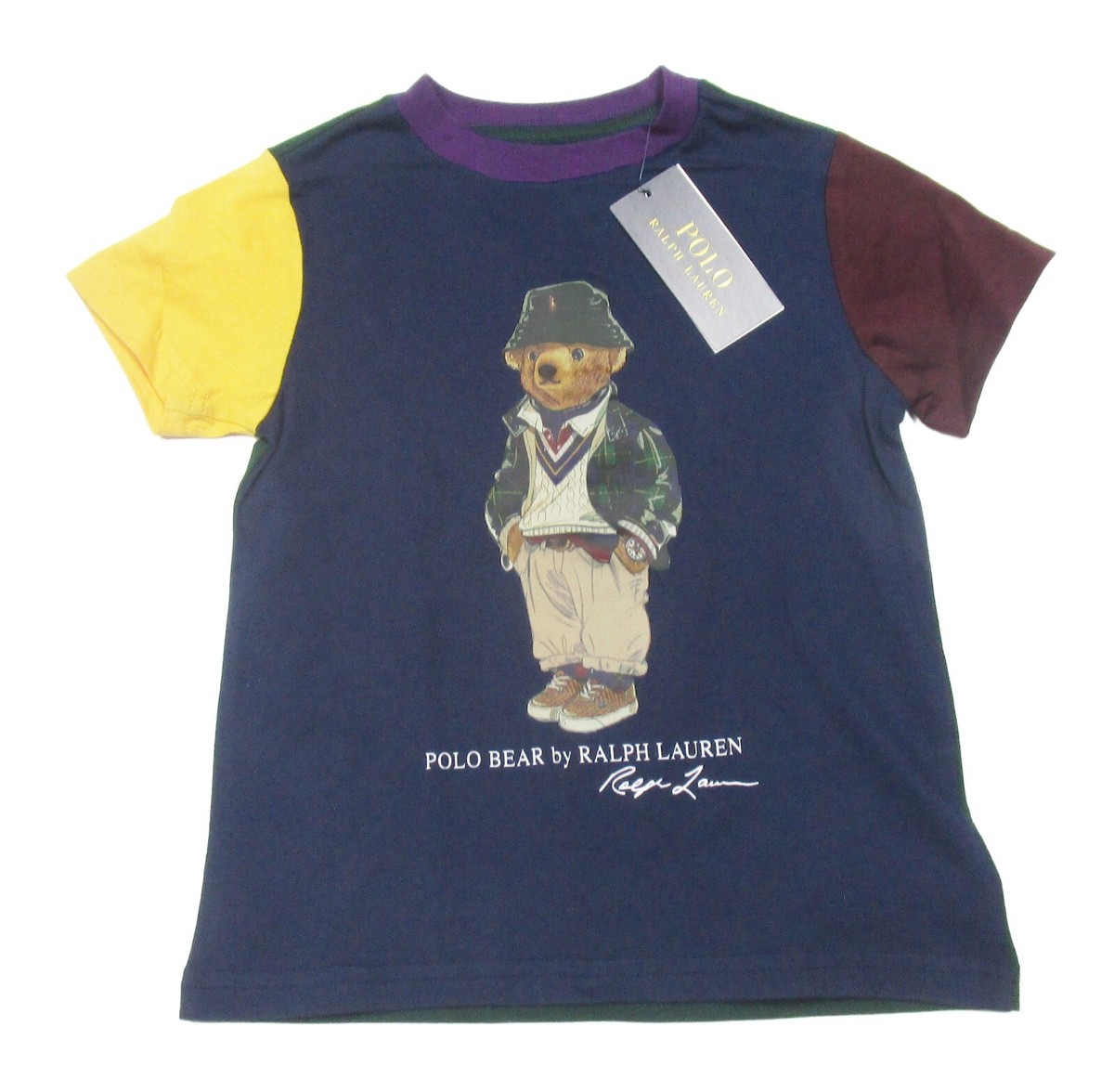 Polo Ralph Lauren Boys Navy Multi Polo Bear Graphic Colorblock Ringer  T-Shirt