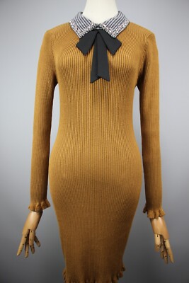 DROLE de COPINE PARIS Womens Long Sleeve Sand Cotton Bow Midi Dress Size XS