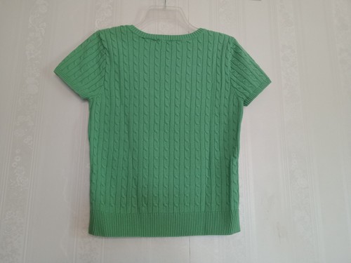 Jeanne Pierre Green Cable Knit Short Sleeve Sweater Size S 100% Cotton V-neck - Picture 5 of 8