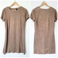 Lord & Taylor Western Suede Shift Dress Small Tan Brown Gold Studs Short Sleeve
