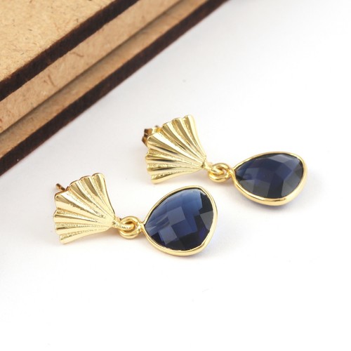 Beautiful Lite Weight Gemstone Gold Plated Trillion Shape Drop Dangle Earrings - Picture 3 of 25
