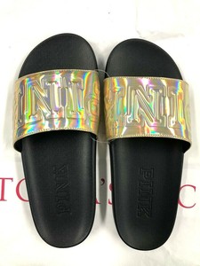 Victoria's Secret PINK Logo Single Strap Slides Sandal Holographic Gold NWT | eBay