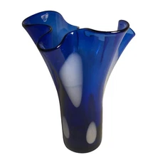 Art Glass Vase 9" Cobalt Blue White Spots Ruffled Top Hand-Blown Murano Style