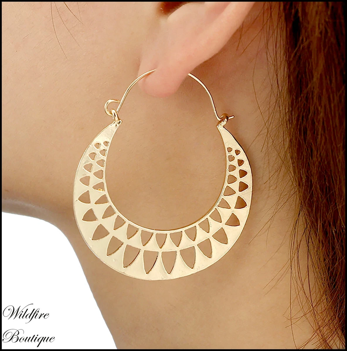 Stunning Boho Silver Gold Triangle Cut Out Dangle Hoop Statement Earrings